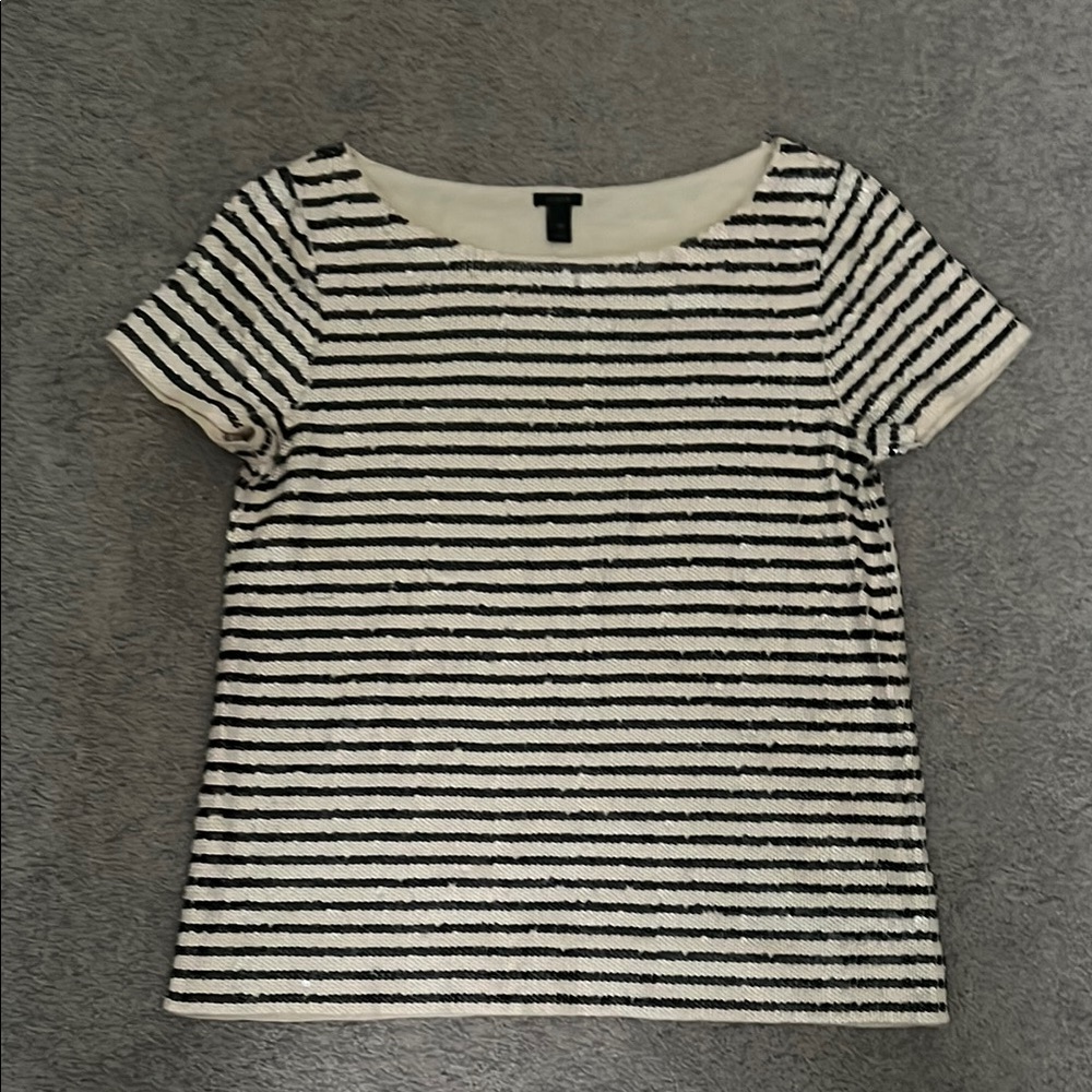 J. Crew Black and White sequin Striped Short Sleeve T-Shirt